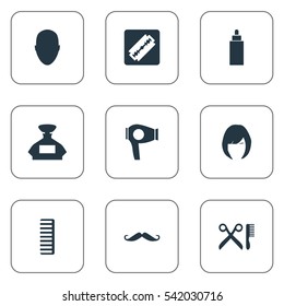 Set Of 9 Simple Barber Icons. Can Be Found Such Elements As Hair, Shaver, Hackle And Other.