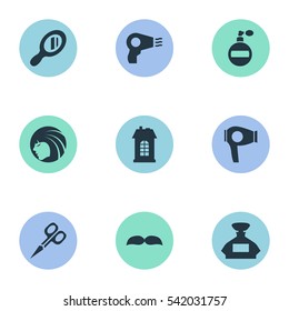 Set Of 9 Simple Barber Icons. Can Be Found Such Elements As Scent, Premises, Drying Machine And Other.