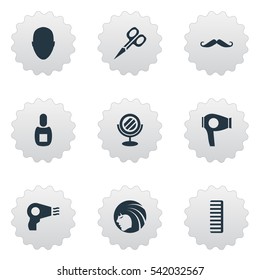 Set Of 9 Simple Barber Icons. Can Be Found Such Elements As Blow Dryer, Peeper, Hackle And Other.