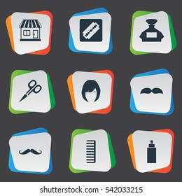 Set Of 9 Simple Barber Icons. Can Be Found Such Elements As Whiskers, Cut Tool, Container And Other.