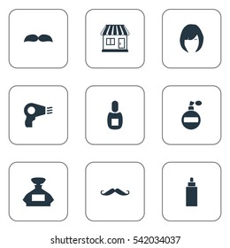 Set Of 9 Simple Barber Icons. Can Be Found Such Elements As Beard, Supermarket, Whiskers And Other.