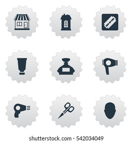 Set Of 9 Simple Barber Icons. Can Be Found Such Elements As Scent, Blow Dryer, Shaver And Other.
