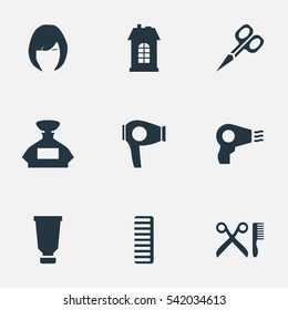 Set Of 9 Simple Barber Icons. Can Be Found Such Elements As Bottle, Premises, Scent And Other.