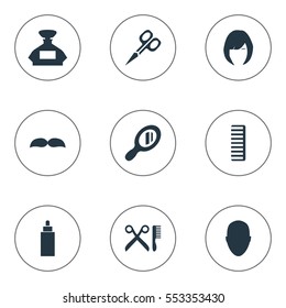 Set Of 9 Simple Barber Icons. Can Be Found Such Elements As Cut Tool, Hackle, Scent And Other.