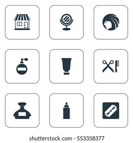 Set Of 9 Simple Barber Icons. Can Be Found Such Elements As Scent, Glamour Lady, Peeper And Other.