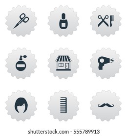 Set Of 9 Simple Barber Icons. Can Be Found Such Elements As Whiskers, Supermarket, Aroma And Other.