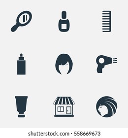 Set Of 9 Simple Barber Icons. Can Be Found Such Elements As Reflector, Flask, Hair And Other.