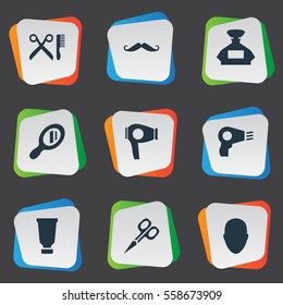 Set Of 9 Simple Barber Icons. Can Be Found Such Elements As Blow Dryer, Scent, Cut Tool And Other.