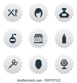 Set Of 9 Simple Barber Icons. Can Be Found Such Elements As Cut Tool, Peeper, Container And Other.