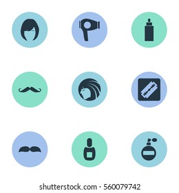 Set Of 9 Simple Barber Icons. Can Be Found Such Elements As Hair, Drying Machine, Whiskers And Other.