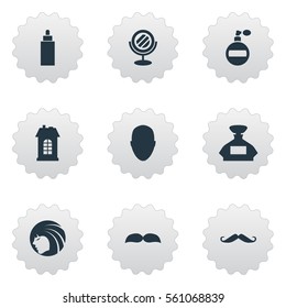 Set Of 9 Simple Barber Icons. Can Be Found Such Elements As Scent, Whiskers, Human And Other.