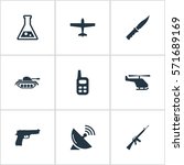 Set Of 9 Simple Battle Icons. Can Be Found Such Elements As Pistol, Cold Weapon, Signal Receiver And Other.