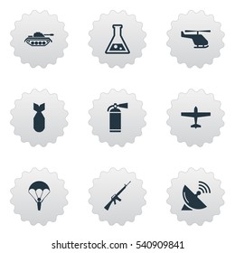 Set Of 9 Simple Battle Icons. Can Be Found Such Elements As Heavy Weapon, Signal Receiver, Helicopter And Other.