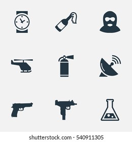 Set Of 9 Simple Battle Icons. Can Be Found Such Elements As Terrorist, Watch, Signal Receiver And Other.