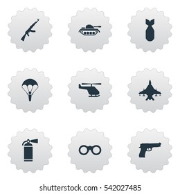 Set Of 9 Simple Battle Icons. Can Be Found Such Elements As Kalashnikov, Extinguisher, Sky Force And Other.
