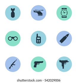 Set Of 9 Simple Battle Icons. Can Be Found Such Elements As Nuke, Helicopter, Ammunition And Other.