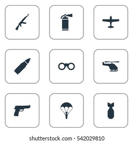 Set Of 9 Simple Battle Icons. Can Be Found Such Elements As Ammunition, Nuke, Kalashnikov And Other.