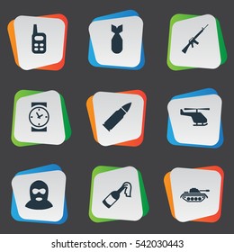 Set Of 9 Simple Battle Icons. Can Be Found Such Elements As Helicopter, Terrorist, Rifle Gun And Other.