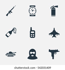 Set Of 9 Simple Battle Icons. Can Be Found Such Elements As Sky Force, Rifle Gun, Firearm And Other.