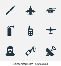 Set Of 9 Simple Battle Icons. Can Be Found Such Elements As Signal Receiver, Cold Weapon, Extinguisher And Other.
