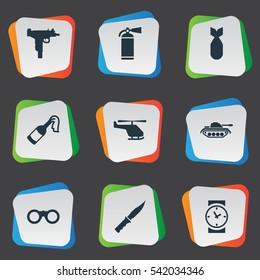 Set Of 9 Simple Battle Icons. Can Be Found Such Elements As Field Glasses, Heavy Weapon, Firearm And Other.
