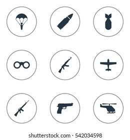 Set Of 9 Simple Battle Icons. Can Be Found Such Elements As Air Bomber, Ammunition, Paratrooper And Other.