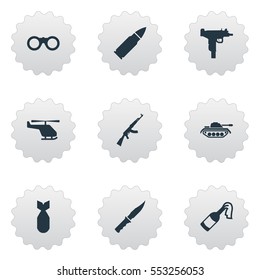 Set Of 9 Simple Battle Icons. Can Be Found Such Elements As Firearm, Nuke, Molotov And Other.