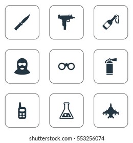 Set Of 9 Simple Battle Icons. Can Be Found Such Elements As Sky Force, Molotov, Terrorist And Other.