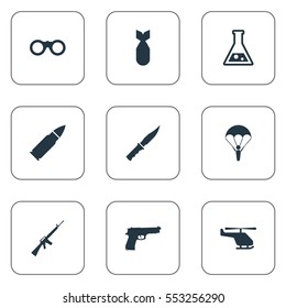 Set Of 9 Simple Battle Icons. Can Be Found Such Elements As Nuke, Ammunition, Paratrooper And Other.