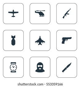 Set Of 9 Simple Battle Icons. Can Be Found Such Elements As Kalashnikov, Pistol, Sky Force And Other.