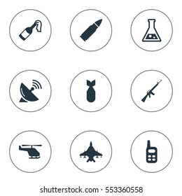 Set Of 9 Simple Battle Icons. Can Be Found Such Elements As Ammunition, Helicopter, Chemistry And Other.