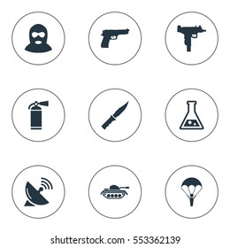 Set Of 9 Simple Battle Icons. Can Be Found Such Elements As Heavy Weapon, Signal Receiver, Paratrooper And Other.