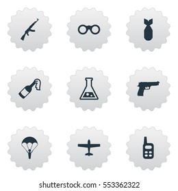 Set Of 9 Simple Battle Icons. Can Be Found Such Elements As Paratrooper, Field Glasses, Air Bomber And Other.