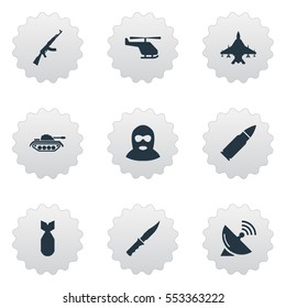 Set Of 9 Simple Battle Icons. Can Be Found Such Elements As Nuke, Helicopter, Cold Weapon And Other.