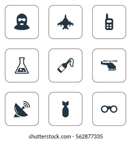 Set Of 9 Simple Battle Icons. Can Be Found Such Elements As Nuke, Signal Receiver, Sky Force And Other.