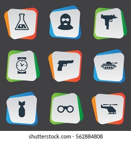 Set Of 9 Simple Battle Icons. Can Be Found Such Elements As Heavy Weapon, Helicopter, Pistol And Other.
