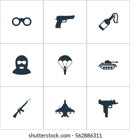 Set Of 9 Simple Battle Icons. Can Be Found Such Elements As Molotov, Heavy Weapon, Paratrooper And Other.