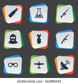 Set Of 9 Simple Battle Icons. Can Be Found Such Elements As Terrorist, Nuke, Rifle Gun And Other.
