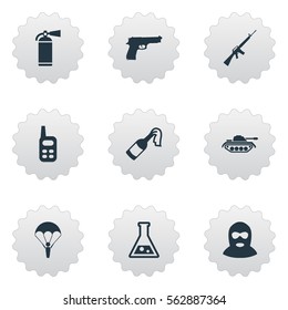 Set Of 9 Simple Battle Icons. Can Be Found Such Elements As Rifle Gun, Molotov, Pistol And Other.