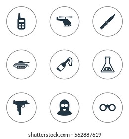 Set Of 9 Simple Battle Icons. Can Be Found Such Elements As Cold Weapon, Molotov, Chemistry And Other.