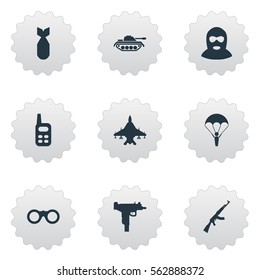 Set Of 9 Simple Battle Icons. Can Be Found Such Elements As Terrorist, Heavy Weapon, Paratrooper And Other.