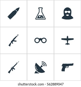 Set Of 9 Simple Battle Icons. Can Be Found Such Elements As Field Glasses, Pistol, Air Bomber And Other.