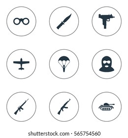 Set Of 9 Simple Battle Icons. Can Be Found Such Elements As Heavy Weapon, Firearm, Paratrooper And Other.