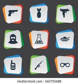 Set Of 9 Simple Battle Icons. Can Be Found Such Elements As Heavy Weapon, Terrorist, Rifle Gun And Other.