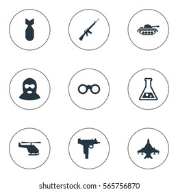 Set Of 9 Simple Battle Icons. Can Be Found Such Elements As Chemistry, Field Glasses, Rifle Gun And Other.