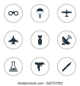 Set Of 9 Simple Battle Icons. Can Be Found Such Elements As Chemistry, Field Glasses, Nuke And Other.