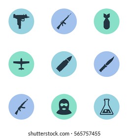 Set Of 9 Simple Battle Icons. Can Be Found Such Elements As Firearm, Terrorist, Air Bomber And Other.