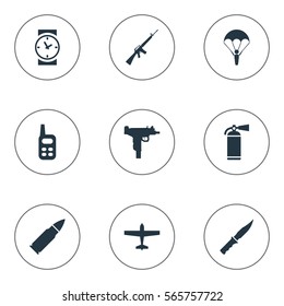 Set Of 9 Simple Battle Icons. Can Be Found Such Elements As Air Bomber, Ammunition, Watch And Other.
