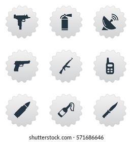 Set Of 9 Simple Battle Icons. Can Be Found Such Elements As Kalashnikov, Extinguisher, Firearm And Other.
