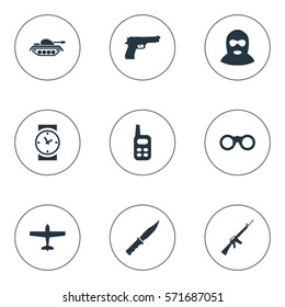 Set Of 9 Simple Battle Icons. Can Be Found Such Elements As Walkies, Air Bomber, Rifle Gun And Other.